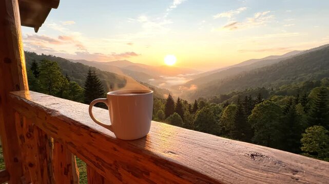 Steaming coffee cup on wooden balcony overlooking misty mountain valley at golden hour sunrise