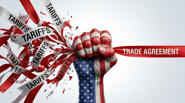 Fist of Trade Agreement Breaking Tariffs A powerful fist adorned with the American flag breaks through ribbons labeled Tariffs