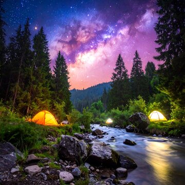 A serene camping scene under a vibrant starry night sky