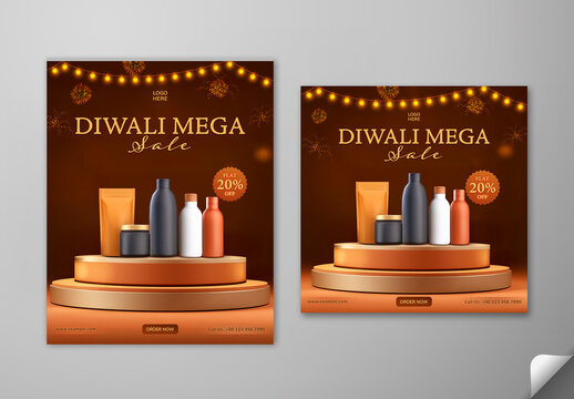 Editable Diwali Mega Sale Social Media Post Template Set with 20 Percent Discount and Premium Product Display on Podium Brown Festive Background.