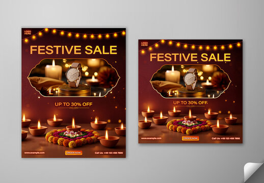 Editable Festive Sale Social Media Post Template Set with Up to 30 Percent Off on Wristwatch Display and Burning Oil Lamps (diya) Decorated Background.