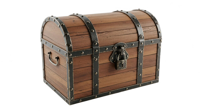 Rustic wooden treasure chest with metal clasp and rivets, treasure