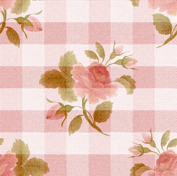 Vintage rose and gingham seamless pattern, soft watercolor florals on pink buffalo check with linen texture
