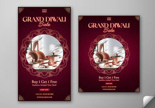 Editable Diwali Festival Grand Sale Social Media Post and Story Template with Special Offer on Kitchenware Items and Dark Maroon Background.