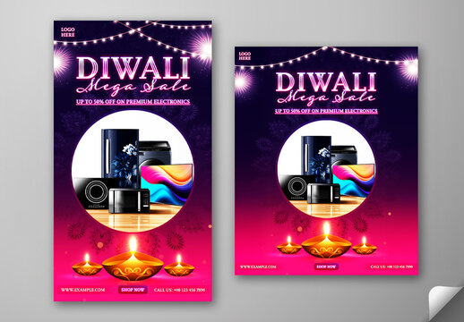 Editable Diwali Mega Sale Social Media Post and Story Template with Up to 50 Percent Off on Premium Electronic Items and Festive Two Tone Background.
