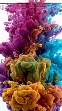 Vibrant Colorful Ink Clouds Swirling in Water Abstract Motion - Abstract visual of vibrant, colorful ink clouds swirling and dissolving in clear water.