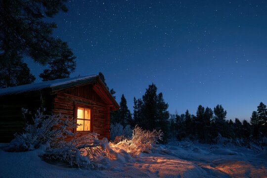 Serene night in the snowy woods with a glowing cabin and star-filled sky