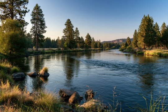 Serene river scene on the Deschutes in Sunriver with pine forests and reflections