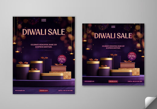 Editable Diwali Festival Sale Social Media Post Template Set with Up to 20 Percent Off and Gift Boxes on Dark Purple Festive Background.