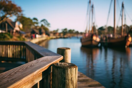 Serene shoreline at Roanoke Island Festival Park with a soft background blur