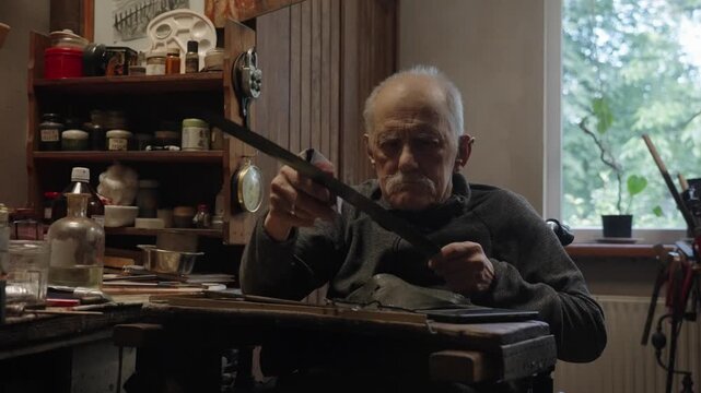 Elderly craftsman working in his old workshop, carefully restoring collectible Japanese bladed weapons