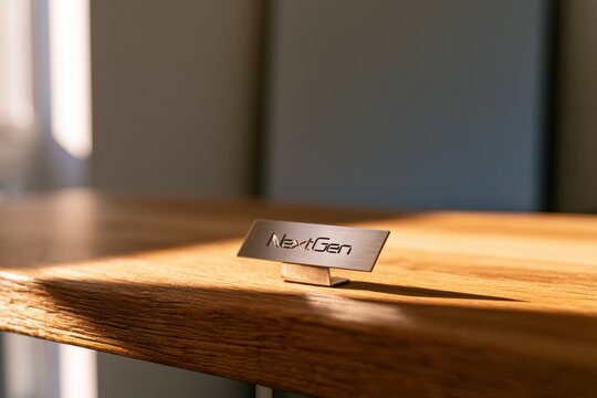 Signage on natural wood desk: clean design, modern typography, calm workspace