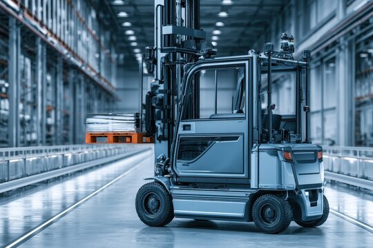 Side view of an autonomous electric forklift carrying a pallet in a modern logistics center