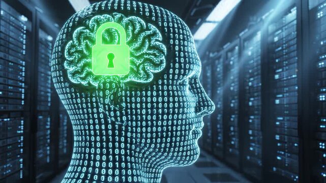 Holographic Human Head with Glowing Brain and Lock Icon in Server Room, Representing Cybersecurity and Data Protection