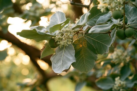 Silvery green leaves and delicate white blossoms on a kukui nut tree in Oahu, Hawaii