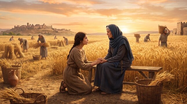 Ruth holds hands with Naomi while kneeling in a golden wheat field as harvesters gather grain near ancient Bethlehem in a scene from the Book of Ruth.