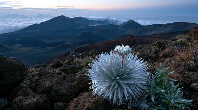 Silversword Bloom at Hawaii Summit: Crater Rim Scenic View