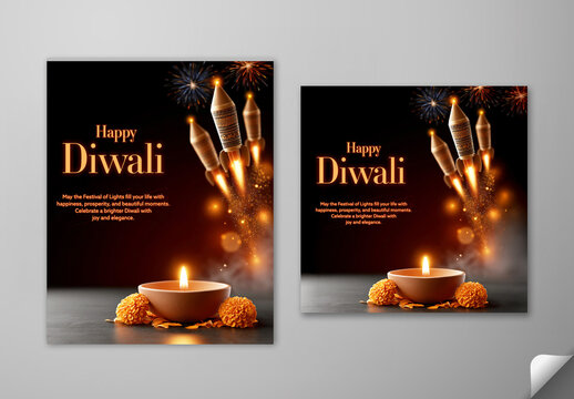 Editable Happy Diwali Festival Social Media Greeting Post Template Set with Burning Oil Lamp (Diya) and Fireworks Rocket on Dark Background.