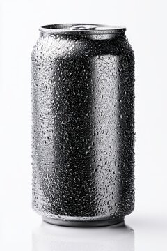 Single frosted soda can on white backdrop with water droplets