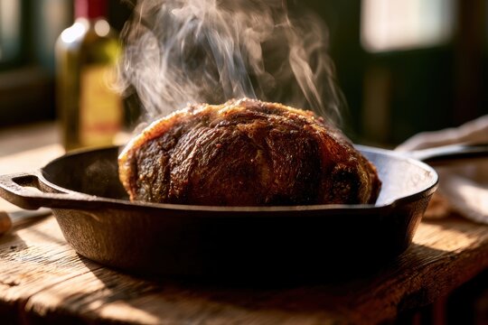 Sizzling cross rib roast with aromatic steam on a warm wooden counter and olive oil in the backdrop