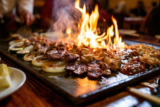 Sizzling hibachi meal: steak and chicken with vegetables and glossy sauce on a hot flat-top