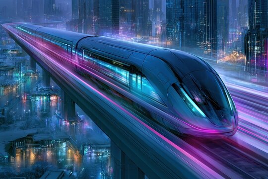 Sleek high-velocity train racing above a glowing skyline in dusk light