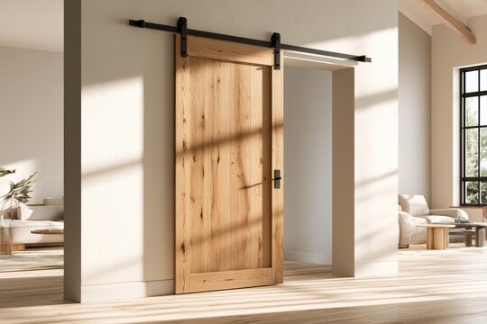 Sleek barn door design: contemporary wood panel in an open-plan home