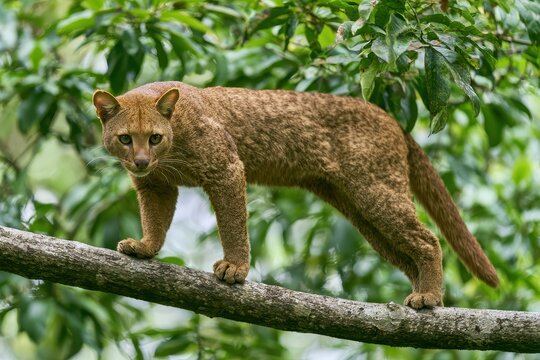 Slender wildcat on a leafy branch in jungle greenery