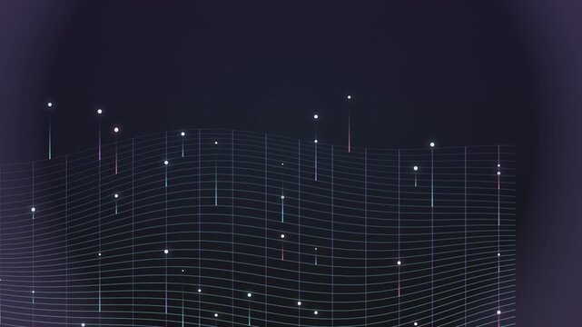 Modern abstract building wireframe with glowing lights at night