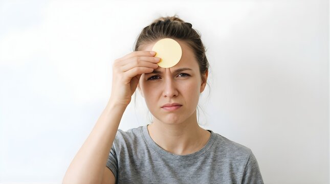 Confused woman holding a yellow adhesive note on her forehead indoors