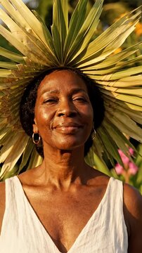 Woman Wearing Creative Palm Leaf Sun Hat Outdoors - A portrait of a smiling Black woman wearing a unique, large sun hat made of palm leaves.