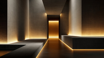 Fototapeta premium Minimalist interior corridor with warm light and dark wood floor, serene modern architecture with clean lines and glowing wall edge lighting