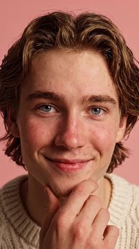 Young Man with Shy Smile and Blushing Cheeks on Pink Background - A close-up shot features a young man with blue eyes, light brown hair, and blushing cheeks, smiling shyly with his hand gently