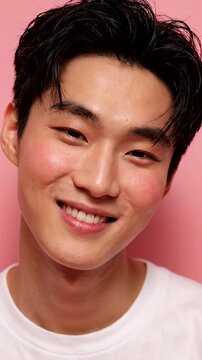 Young Man Shy Smile Blushing Cheeks Pink Background - A close-up shot of a young man with a shy smile and noticeable blush on his cheeks. He is wearing a white t-shirt against a plain pink background.