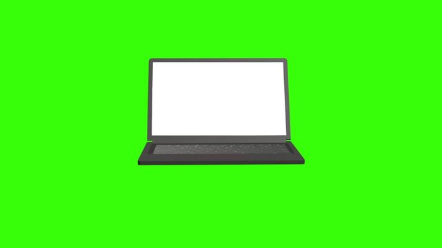 Laptop with green screen chroma key animation on bright green background. Seamless looping device mockup for screen replacement, technology presentations, UI demonstrations, advertising and video comp
