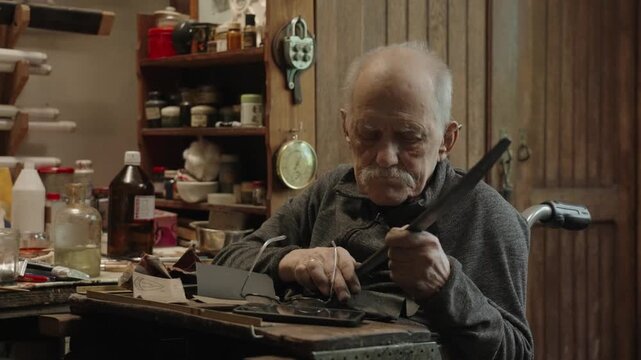 Elderly craftsman working in his old workshop, carefully restoring collectible Japanese bladed weapons