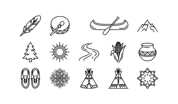 Indigenous Peoples Day Cultural Symbols Thin Line Icon Set Black and White Vector