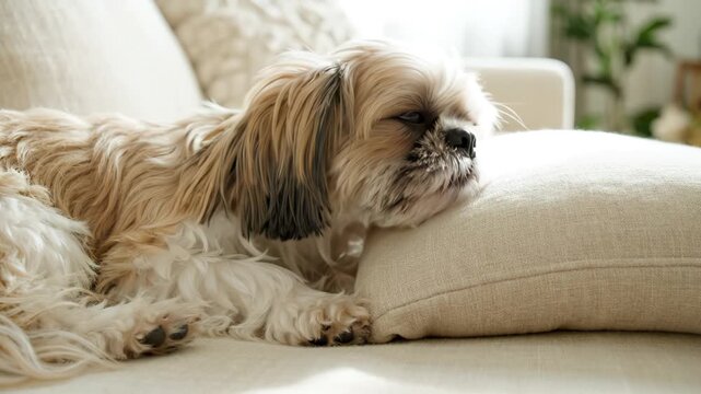Shih Tzu dog resting peacefully on a beige sofa with pillow in cozy living room
