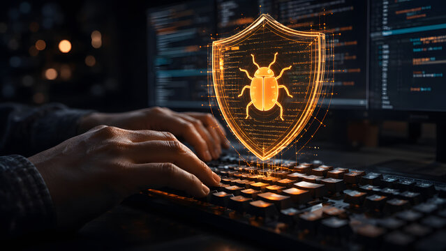 Hands typing on computer keyboard with glowing shield containing bug icon for antivirus malware protection in dark modern office workspace.