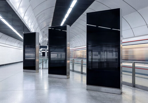 Three vertical billboards in bright clean airport interior Mockup. Generative ai