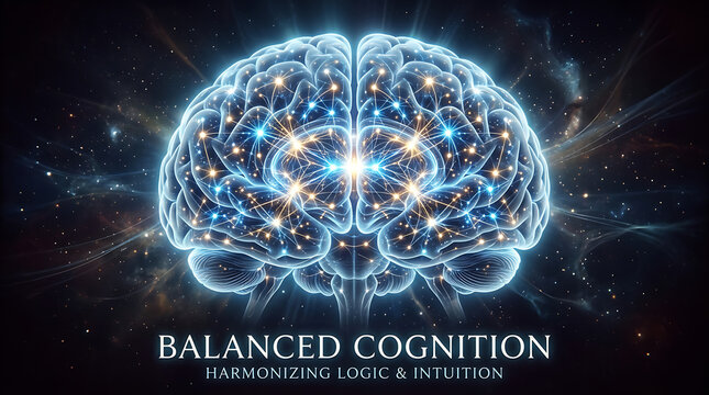 Futuristic brain illustration showcasing balanced cognition with harmonized logic and intuition