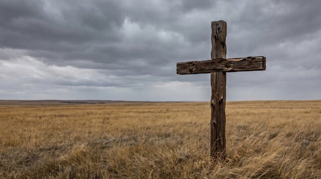 Rustic wooden cross standing in wide golden field under stormy clouds for religious backdrop and website wallpaper image