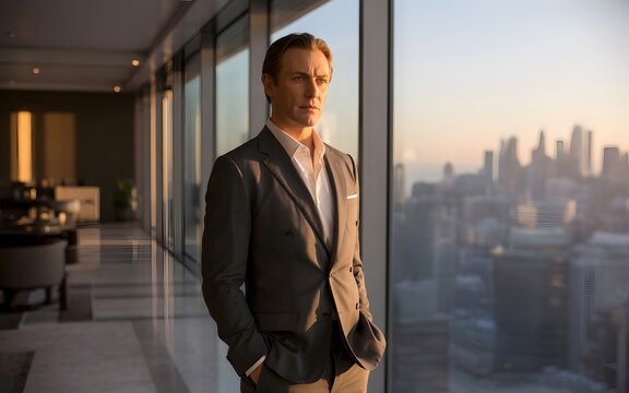 Professional businessman wearing a tailored dark suit standing inside a modern high rise office building looking out through large windows at the glowing golden sunset over a sprawling city skyline
