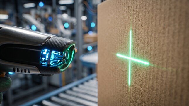Industrial Barcode Scanner Scanning Cardboard Box on Conveyor Belt