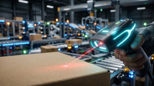Hand holding a futuristic laser scanner in an automated warehouse