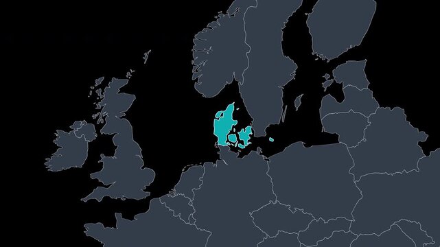 Denmark Highlighted on Europe Map Zoom Country Focus, Alpha Channel 4K