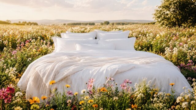 A cozy bed with crisp white sheets placed in a vibrant meadow filled with wildflowers and untouched nature.