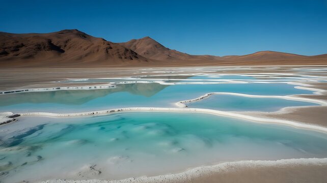 Turquoise salt water pools in a vast desert landscape with brown mountains under a clear blue sky, capturing the unique beauty of a remote salt flat