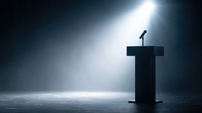 Podium with microphone on empty stage dramatic spotlight dark background copy space minimal event scene public speaking setup speech platform conference stage presentation venue