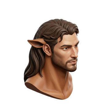 A 3d rendered bust of a handsome fantasy elf man with long wavy brown hair, pointed ears, and a light beard, isolated on a transparent background.